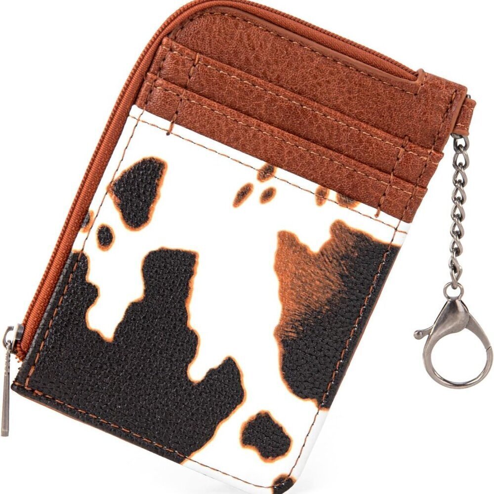 Cow Print Wallet With Zipper Pocket Small Card Holder Keychain Womens